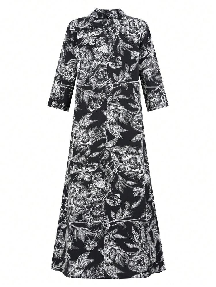 Women's Random Floral Printed Long Loose Long Sleeve Dress