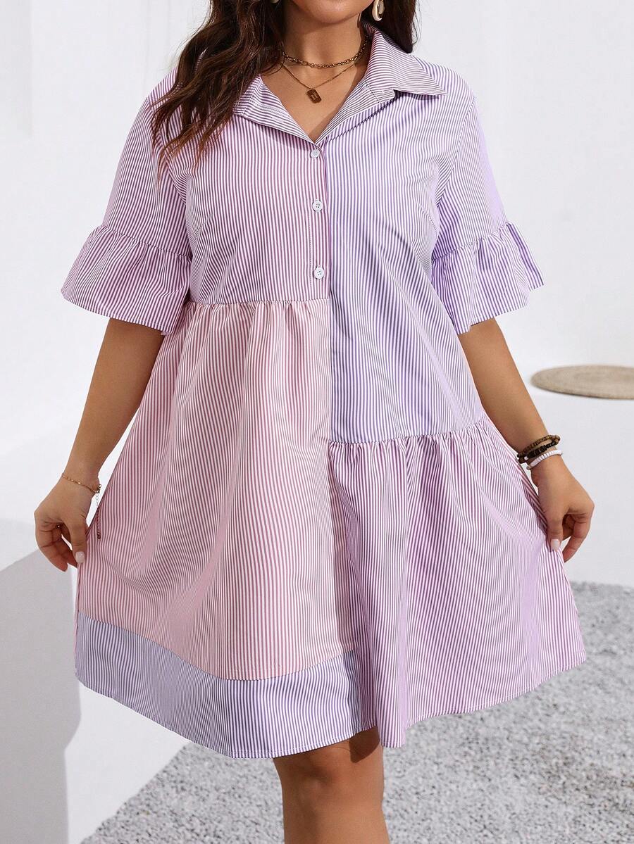 SHEIN Frenchy Plus Size Women's Fashionable Striped Loose Shirt Dress