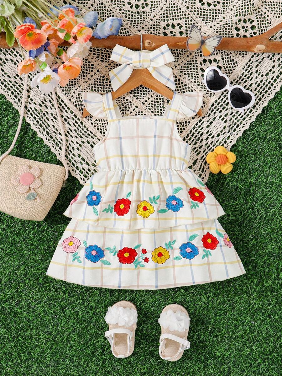 嬰兒女夏季新款格紋刺繡甜美連衣裙套頭帶 - 彩色 - 查看 1