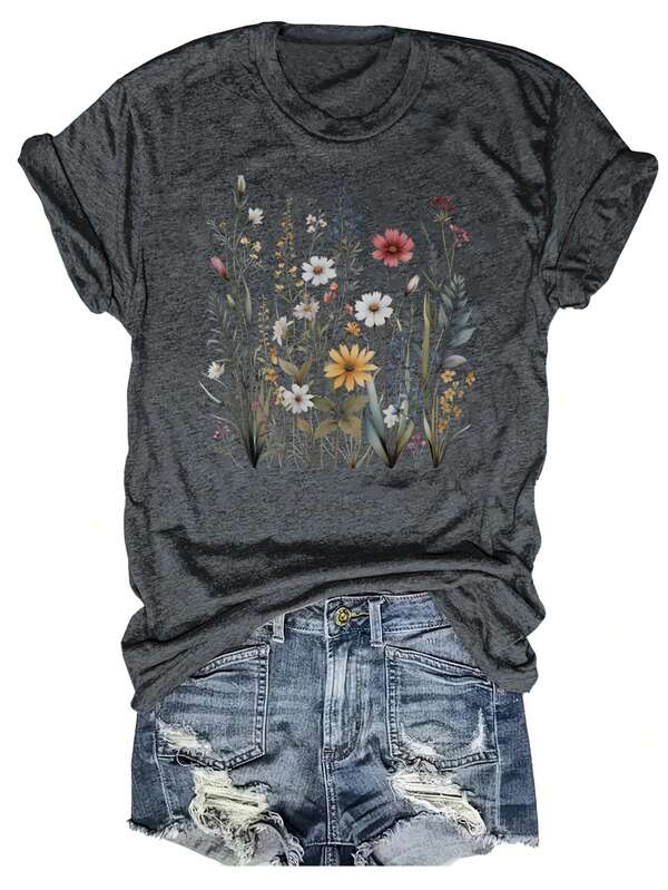 DrmWander Floral Pattern&Wear Comfortably&Round Neck T-Shirt&Summer&Spring,Women's Clothing Graphic Tees Women Tops