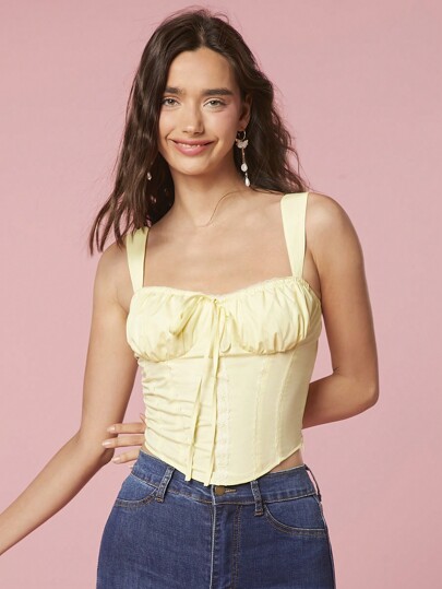 Enchnt Women's Summer Solid Color Pleated Front Tie-Up Slim Fit Cami Top