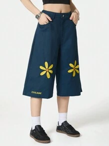SHEIN EZwear Women's Spring/Summer Casual Floral Embroidery Wide Leg Pants - Navy Blue - View 3