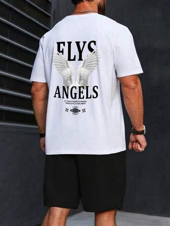 男士休闲口号和翅膀印花圆领短袖 T 恤和抽绳腰短裤套装，夏季