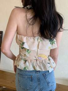 DAZY Top tubo elegante sin tirantes con volantes y estampado floral para mujer, conjunto de ropa de verano para crucero, blusas bohemias, tops cortos, blusas de salida para mujeres