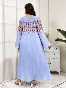 Seusyu Plus Size Loose Casual Round Neck Printed Bell Sleeve Dress - Blue - View 2
