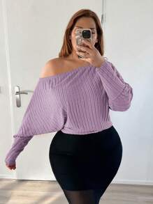 SHEIN SXY Áo thun nữ dài tay cổ bất đối xứng màu trơn cỡ lớn, Xuân/Hè - Màu tím hoa cà - Xem 1