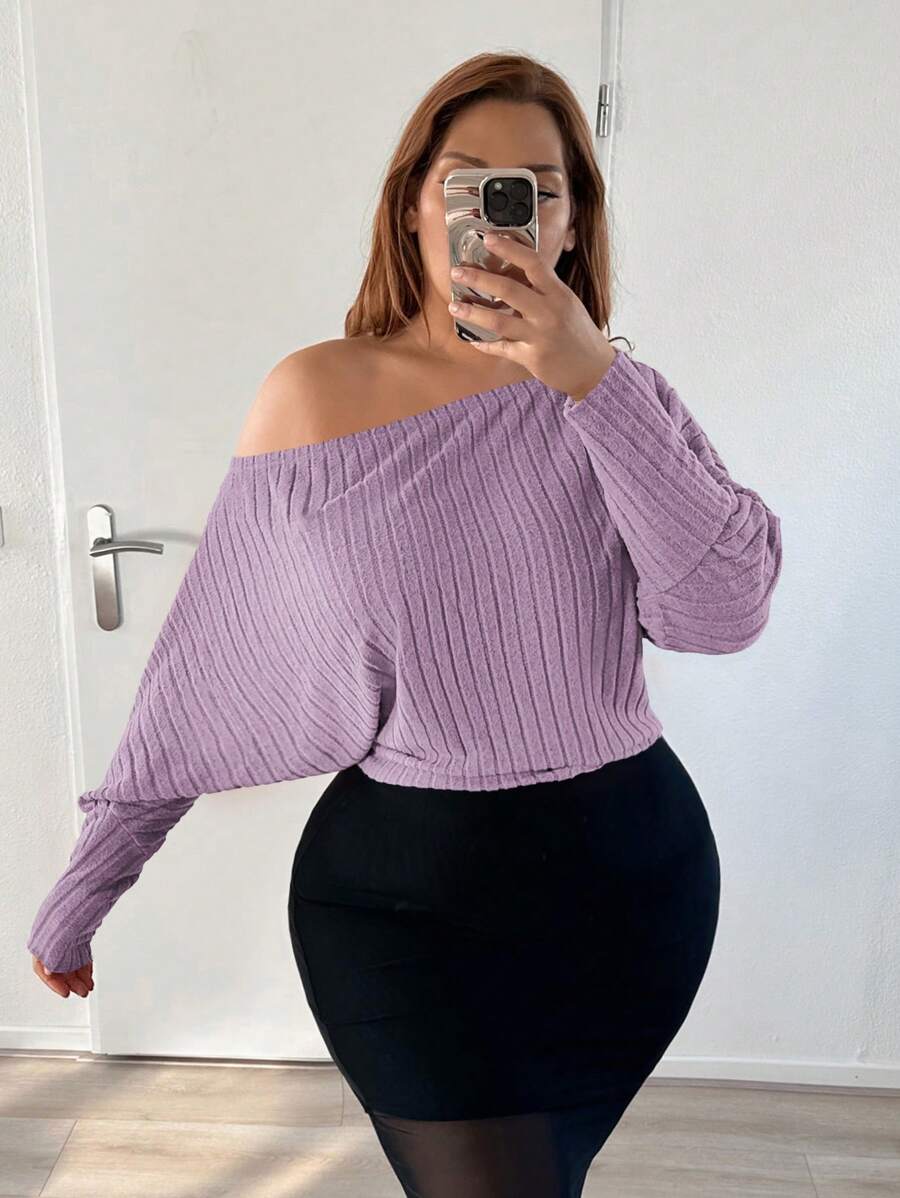 SHEIN SXY Áo thun nữ dài tay cổ bất đối xứng màu trơn cỡ lớn, Xuân/Hè - Màu tím hoa cà - Xem 1