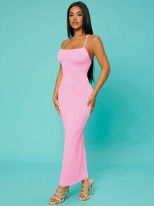 SHEIN SXY Prom Dress;Women's Summer Solid Color Simple Long Bodycon Slip Dress,Pastel Dresses For Women - Watermelon Pink - View 5
