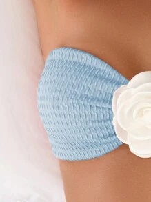 Ladies' Summer Beach 3D Flower Decor Bandeau Sexy Bikini Set - Baby Blue - View 3
