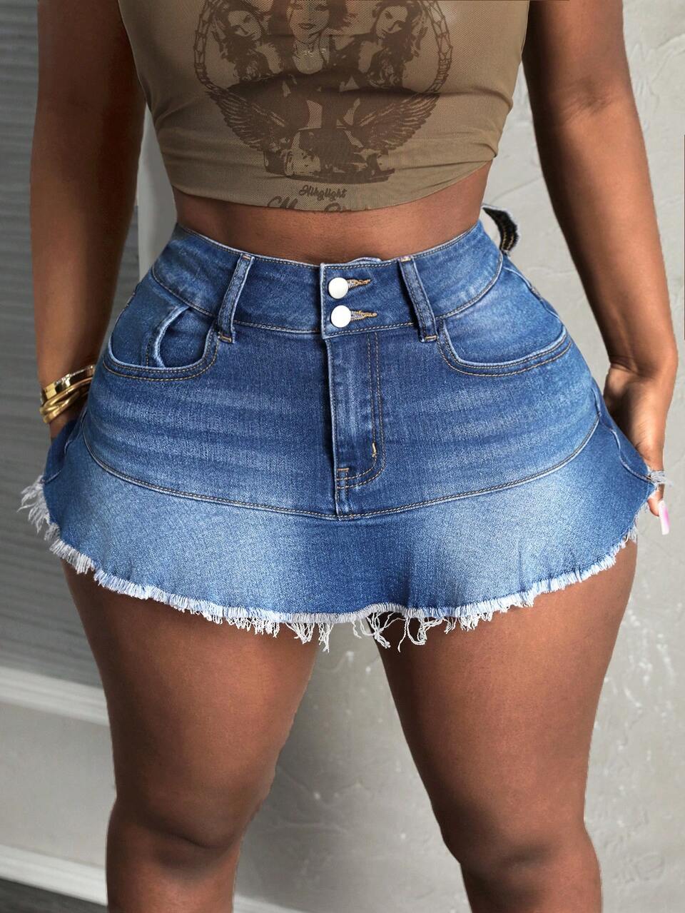 Women's Fashionable Slim Fit A-Line Denim Skirt With Fringe Design