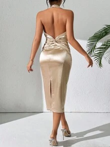 RosyDaze 女士金色露背无袖扭结连衣裙长款缎面女装 - 香檳色 - 查看 7