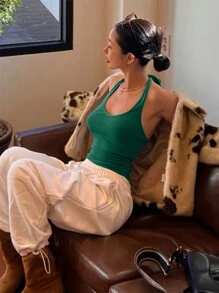 DAZY Ladies' Solid Color Simple Daily Wear Halter Halter Tank Top - Olive Green - View 5