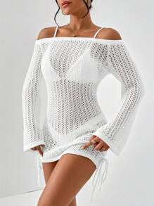 SHEIN Essnce Women's Solid Color Simple Daily Hollow Out Camisole Cover Up Summer - White - View 6