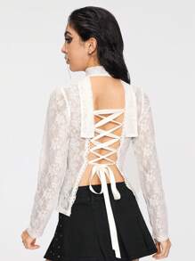 ROMWE Goth Sexy Minimalist Sexy Style Soft Lace Hollow Out Backless See-Through Women's T-Shirt - White - View 2