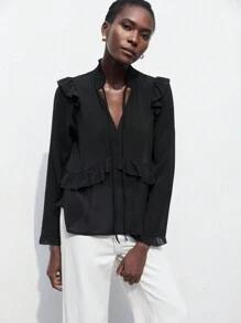 Maija 女士优雅纯色荷叶边下摆长袖衬衫，春夏，长袖上衣