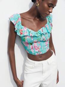 Maija Floral Print Ruffle Hem Slim Fit Women's Top - Green - View 2