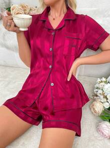 Snug Zone Women's Solid Color Short Sleeve Top With Single Row Button And Shorts, Satin Pajama Set With Trim - Burgundy - View 5