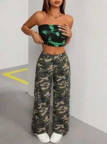 SHEIN ICON Women's Casual-Fit Wide-Leg Camouflage Denim Cargo Pants - Multicolor - View 3