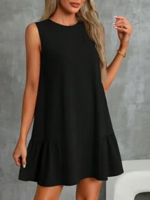 SHEIN Essnce 波西米亚风连衣裙淡蓝色连衣裙亚麻女式条纹圆领无袖休闲迷你连衣裙