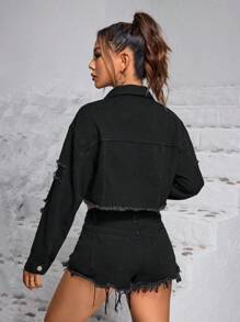 SHEIN Frenchy 女士春秋季超大碼長袖撕破牛仔夾克，配以毛邊下擺，休閒短版 - 黑色 - 查看 2