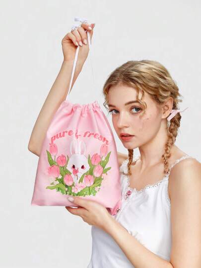 Kawaii Cartoon Bunny Flower Sea Portable Large Capacity Drawstring Cosmetic Bag 308360