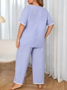 Conjunto de pijama de verano de talla grande con parte superior de encaje con parches, cuello en V y mangas cortas, y pantalones - Azul - Ver 3