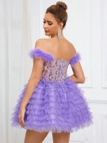SHEIN Belle Vestido elegante, hermoso, encantador y lindo estilo princesa de tela de tul de malla multicapa en tono lila con decoración de plumas y efecto brillante en patchwork con forma de taza de hombro descubierto. Ideal para festivales de música, regreso a clases, ceremonias de graduación, fiestas de baile, té de la tarde, reuniones, cócteles y ocasiones formales. (Nota: la manga es de plumas). - Púrpura malva - Ver 2