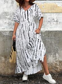 SHEIN LUNE Váy cổ chữ V cỡ lớn nhuộm cà vạt - Đen và trắng - Xem 3