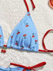 Swim Mod Set Bikini Estivo da spiaggia con stampa di ciliegie, con top con laccetto al collo halter e slip sexi per le donne