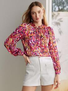 MOTF PREMIUM ALLOVER PRINT FRILL TIE NECK LANTERN SLEEVE BLOUSE