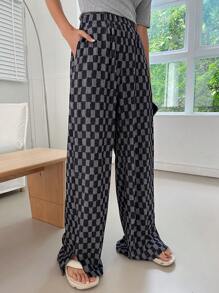 FRIFUL Women's Checkerboard Printed Simple Daily Long Pants Plaid - Dark Grey - View 3