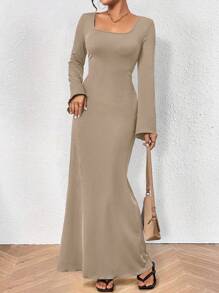 Chiquease Vestido de mangas compridas diário simples em cor sólida para senhoras elegantes. - Cinza - Visão 1