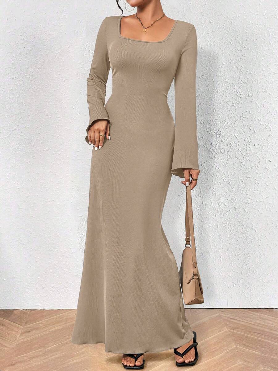 Chiquease Vestido de mangas compridas diário simples em cor sólida para senhoras elegantes. - Cinza - Visão 1