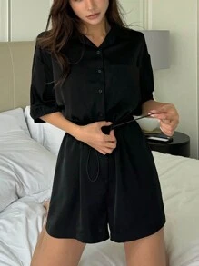 DAZY 休闲简约缎面收腰连体衣，适合居家穿着 - 黑色 - 查看 6