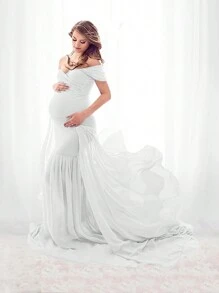 露肩美人鱼下摆孕妇装，适合拍摄照片 - 白色 - 查看 3