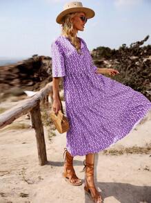 Breezaya 女士復古印花深V領夏季假日休閒連衣裙 - 紫色 - 查看 4