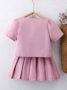 Conjunto de camiseta de niña preadolescente con moño y falda con volantes, femenino y dulce, para primavera/verano