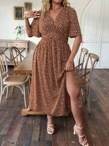 Vionelle Đầm Maxi Cổ Chữ V Tay Ngắn In Họa Tiết Phong Cách Kỳ Nghỉ Cho Nữ Cỡ Lớn - Rỉ Nâu - Xem 3