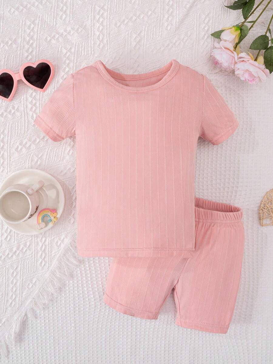 Girls' Pink Solid Color Snug Fit Short Sleeve T-Shirt And Shorts Set, Home Clothes