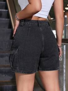 SHEIN EZwear Women's Casual Denim Shorts With Pockets - Dark Grey - View 3