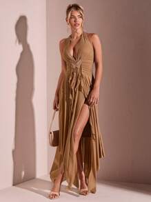 SHEIN BAE Vestido de playa de unicolor con cuello de corbata y abertura alta fruncida, para vacaciones de verano - Caqui - Ver 4