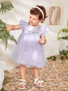 SHEIN Baby Girls' Summer Embroidered Mesh Dress - Mauve Purple - View 1