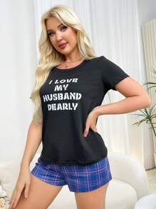Conjunto de ropa de hogar para mujer con camiseta de manga corta impresa con eslogan y shorts de cuadros