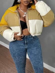 Slaydiva Plus Size Women's Daily & Casual & Streetwear Quilted Padded Coat With Shortened & Long Sleeve And Multi-Color Patchwork Design, Autumn/Winter - C