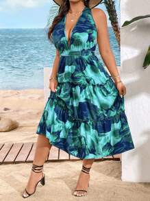 SHEIN Clasi Robe sexy grande taille avec impression graphique complète, encolure ras-du-cou et ourlet à volants, été - Vert - Voir 5