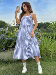 SHEIN EZwear 夏日休閒藍白條紋鬆緊A字輪廓無袖洋裝，配方形領口與寬鬆剪裁