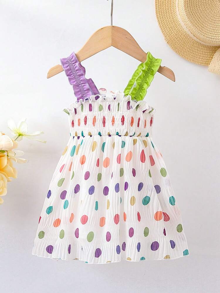 Baby Girl Cute Polka Dot Texture Fabric Color Blocking Sling Dress, Spring/Summer Fashion