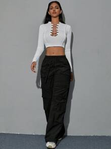 Y2K Flap Pocket Drawstring Waist Wide Leg Hip Hop Cargo Corduroy Pants - Black - View 3