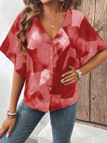 SHEIN LUNE Sommerliches Freizeithemd mit Knopf-Details und Kontrastfarben am V-Ausschnitt