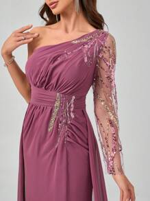 UNITHORSE One Shoulder Long Sleeve Heavy Crystal Beaded High Slit Evening Gown - Red Violet - View 9